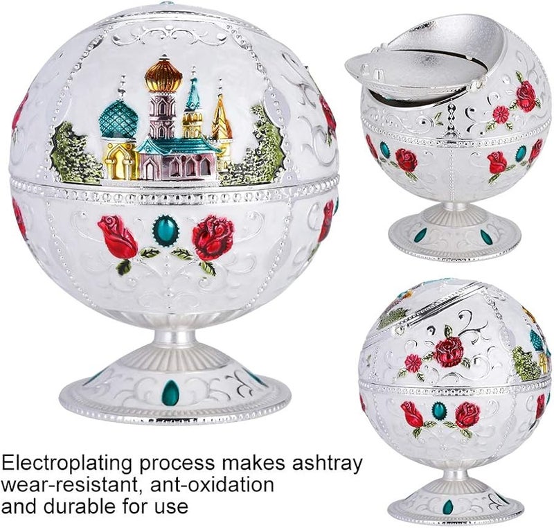 صحن رماد معدني قديم مقاوم للرياح مع غطاء محمول للسيجار للاستخدام في الداخل والخارج باللون الفضي - Image 4